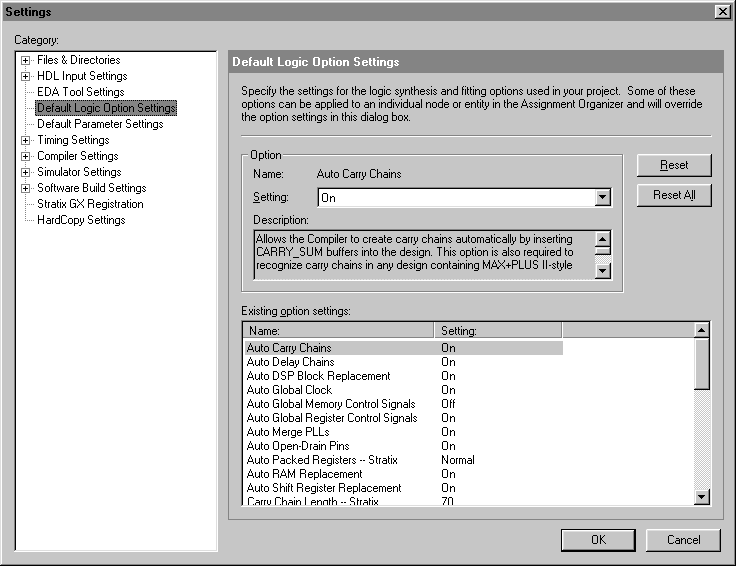 Default Logic Option Settings page