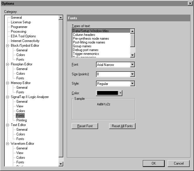 SignalTap II Logic Analyzer Fonts Options tab