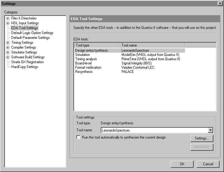 EDA Tool Settings