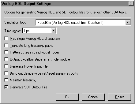 Verilog HDL Output Settings