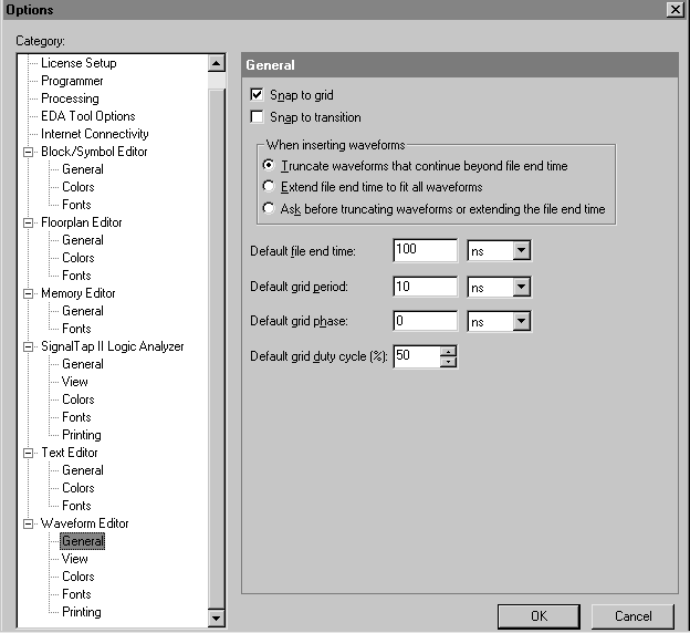 Waveform Editor General Options Tab