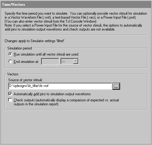 Time/Vectors Page (Simulator Settings)